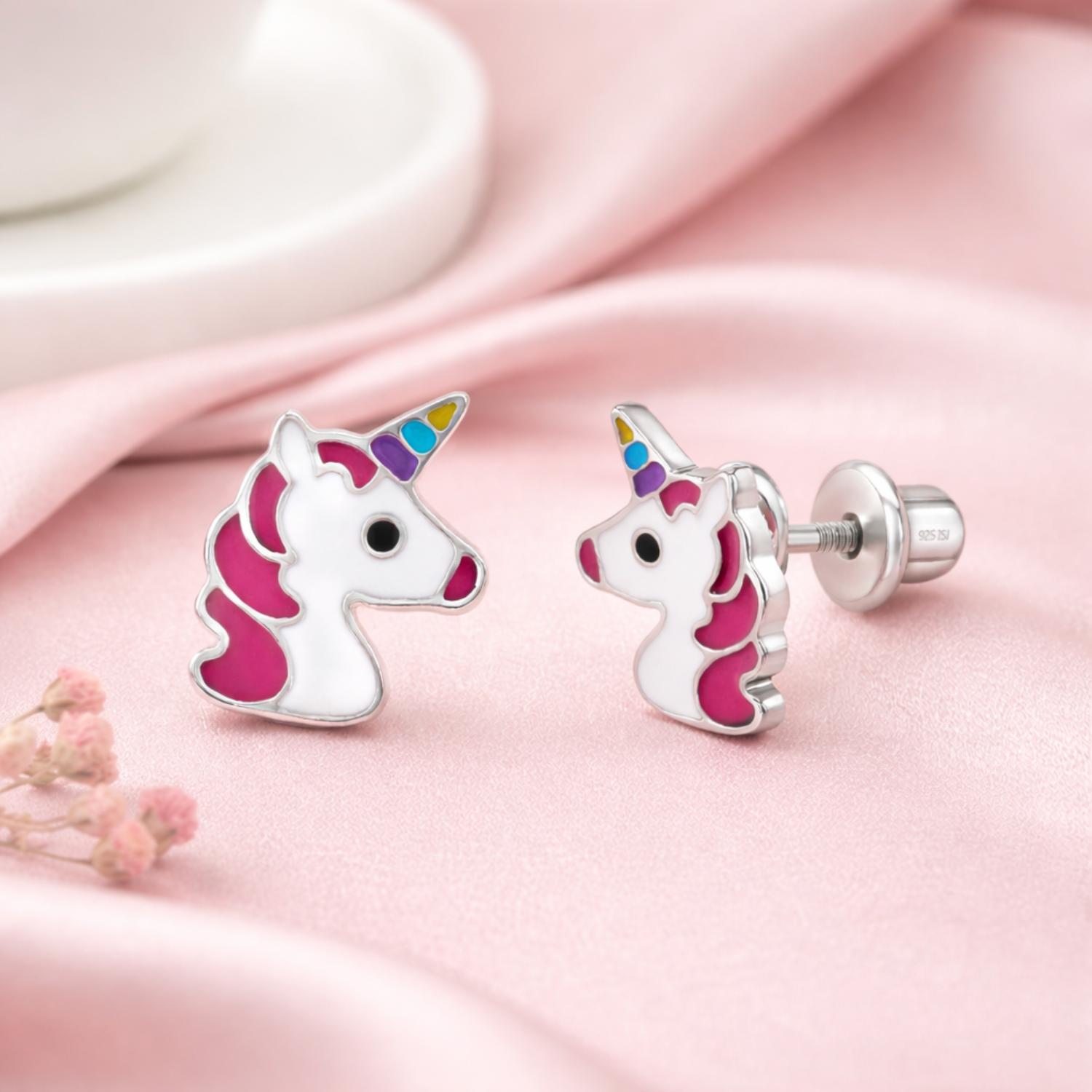 Enamel Unicorn Kids Earrings - Sterling Silver