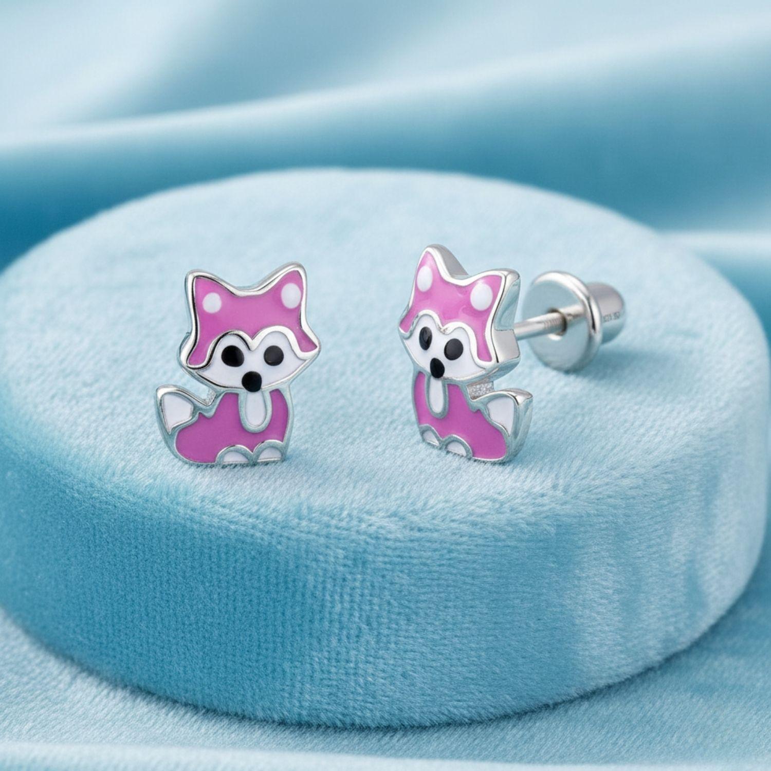 Enamel Fox Kids Earrings - Sterling Silver