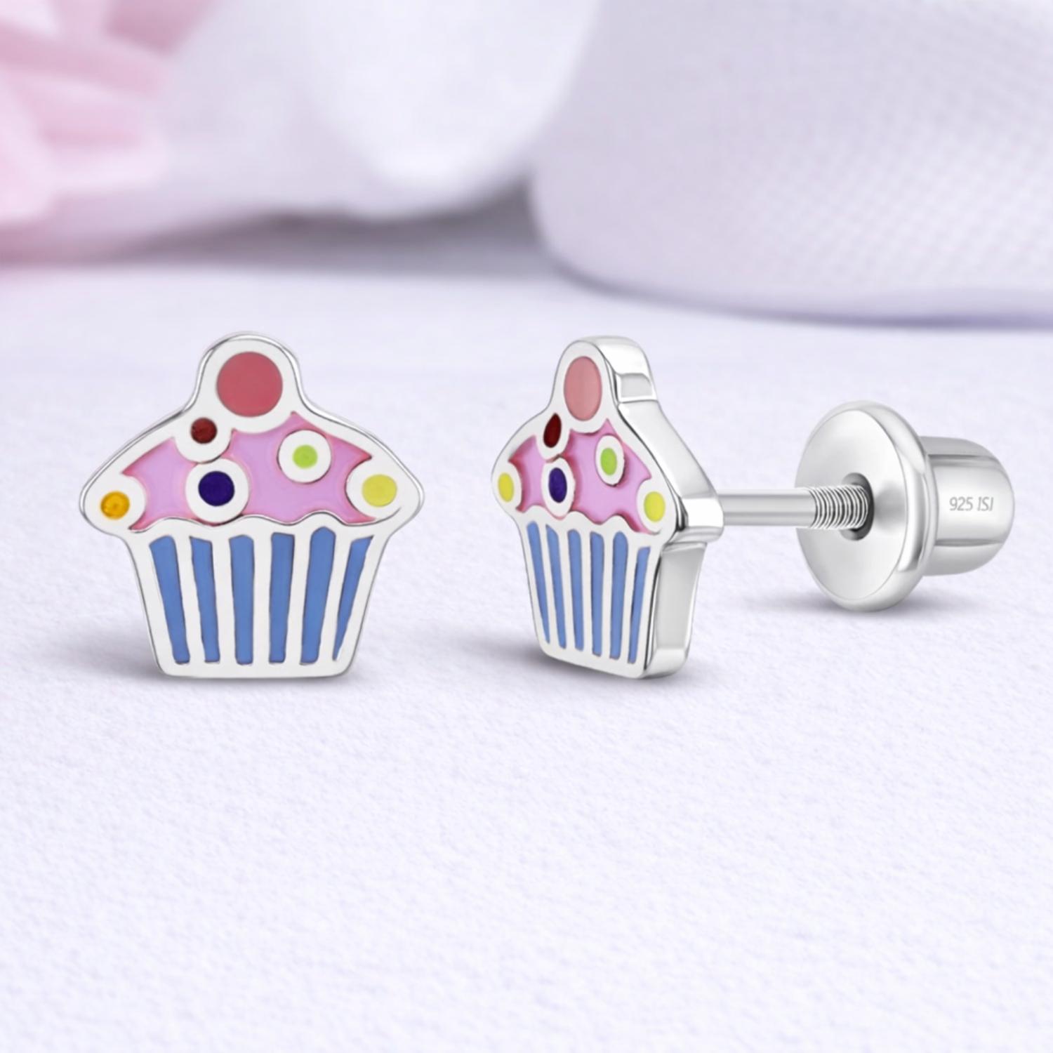 Enamel Cupcake Kids Earrings - Sterling Silver