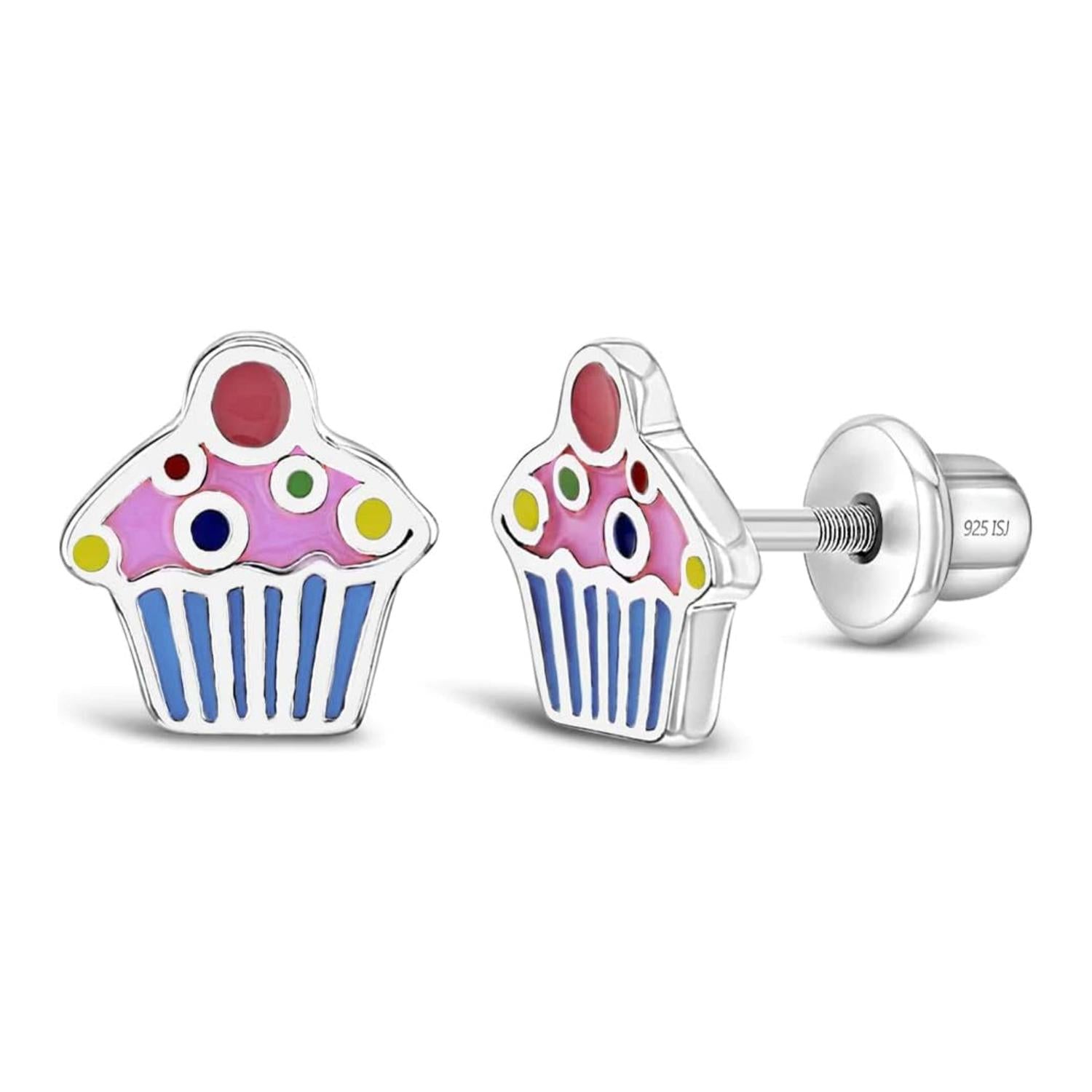 Enamel Cupcake Kids Earrings - Sterling Silver