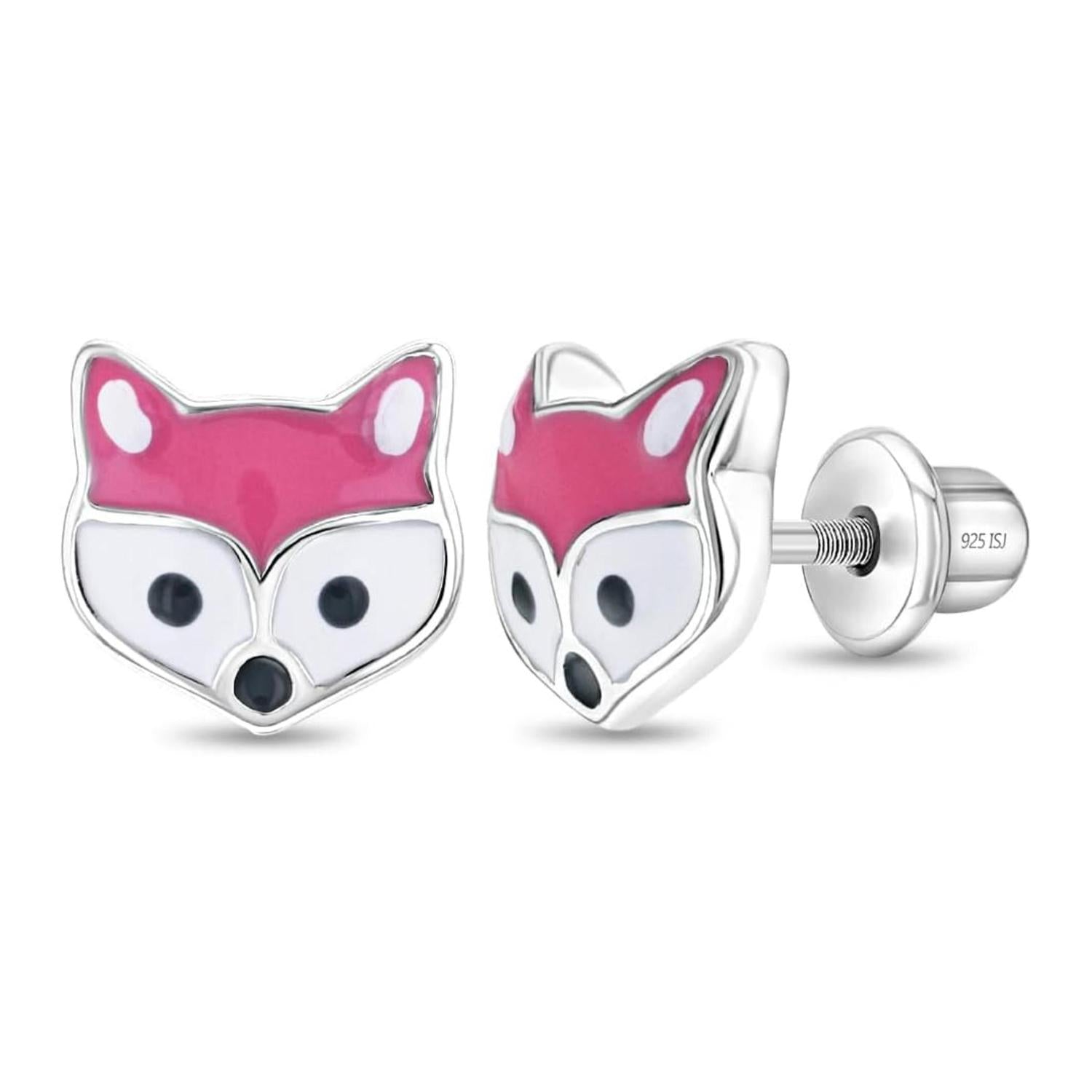 Enamel Pink Fox Kids Earrings - Sterling Silver