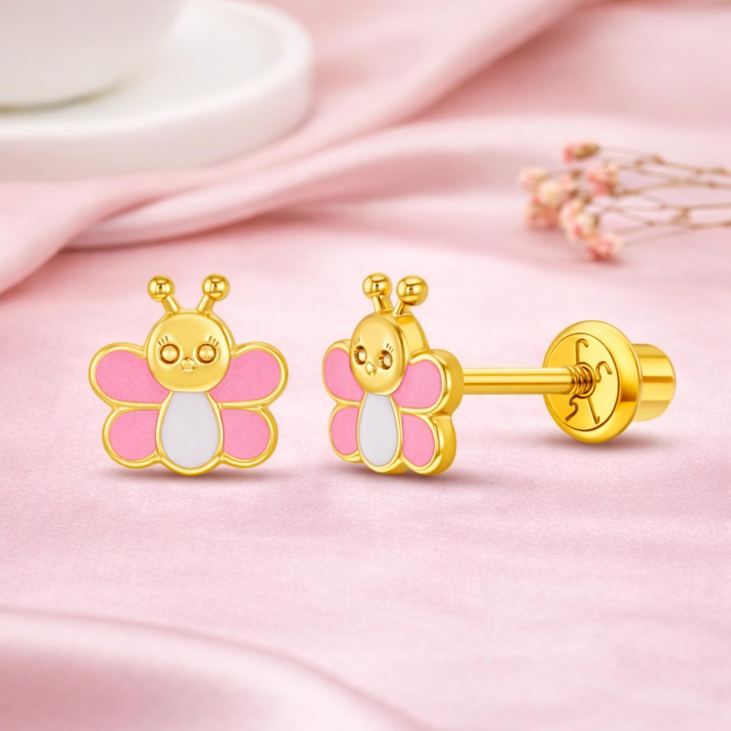 Pink Enamel Butterfly Kids Earrings - Sterling Silver