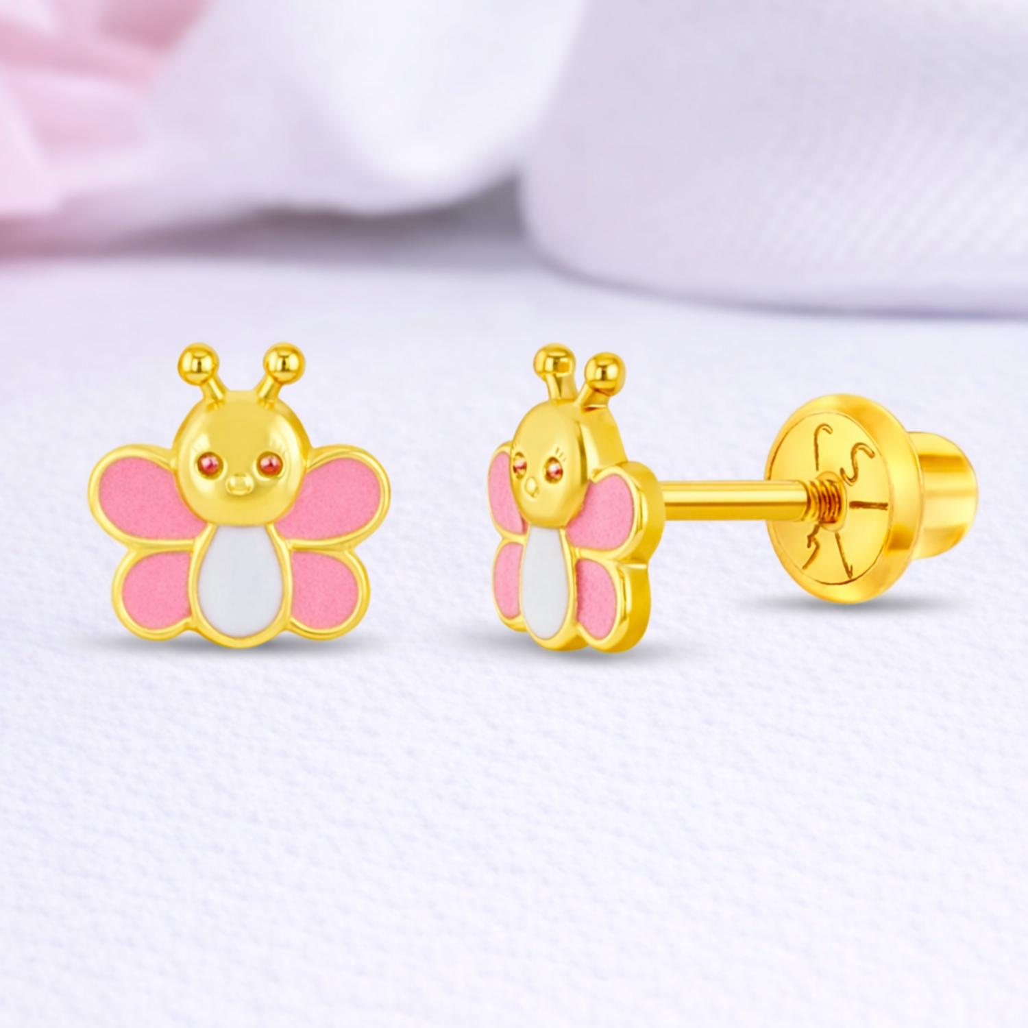 Pink Enamel Butterfly Kids Earrings - Sterling Silver