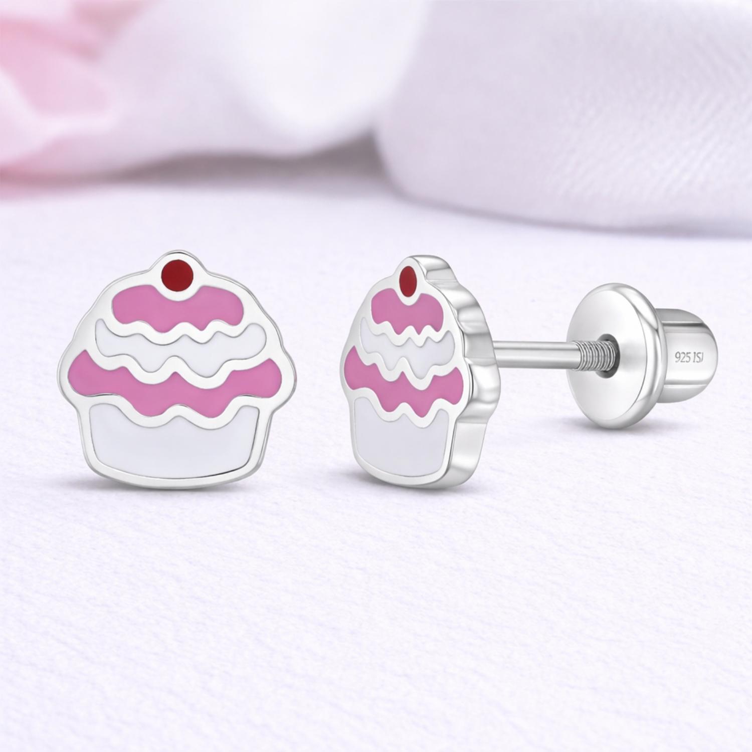 Pink & White Enamel Cupcake Kids Earrings - Sterling Silver
