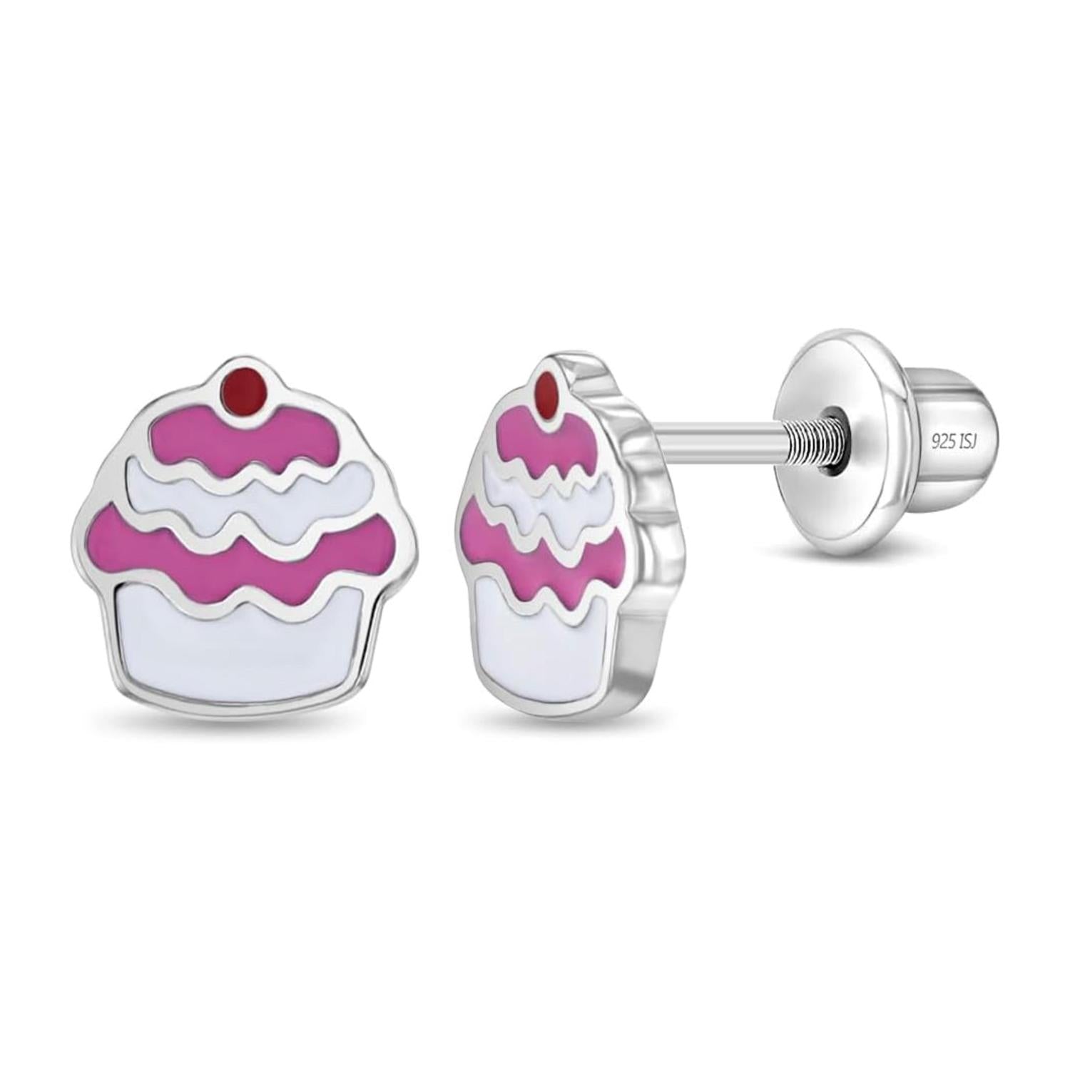 Pink & White Enamel Cupcake Kids Earrings - Sterling Silver