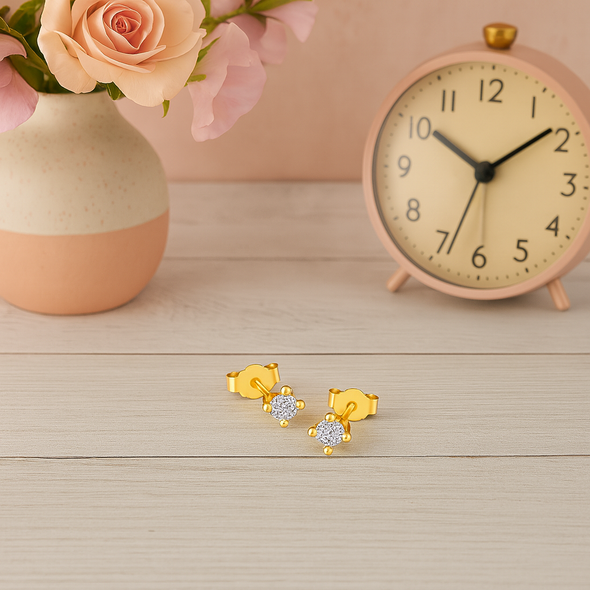 Classic Solitaire Stud Earrings – Sterling Silver Gold Plated