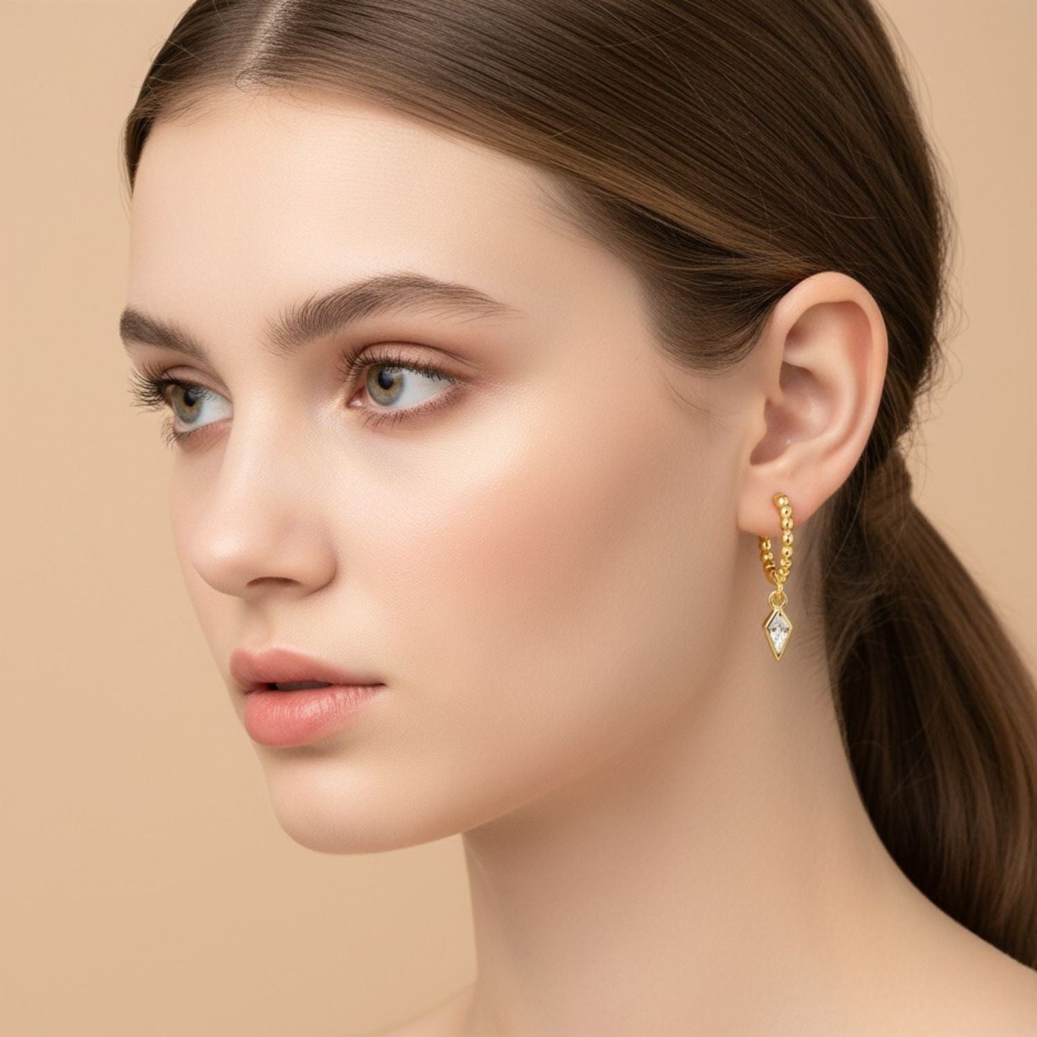 Beaded Geometric Dangle Hoop Earrings – Sterling Silver Gold Plated