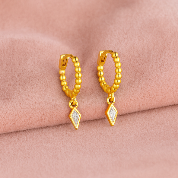 Beaded Geometric Dangle Hoop Earrings – Sterling Silver Gold Plated