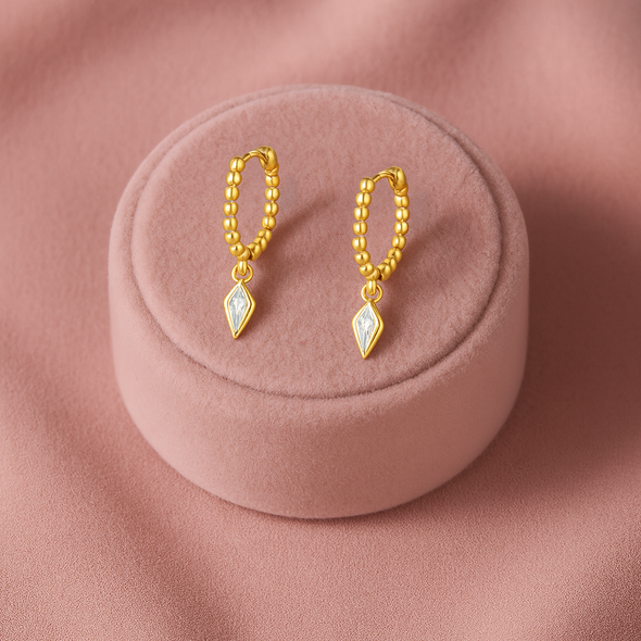 Beaded Geometric Dangle Hoop Earrings – Sterling Silver Gold Plated