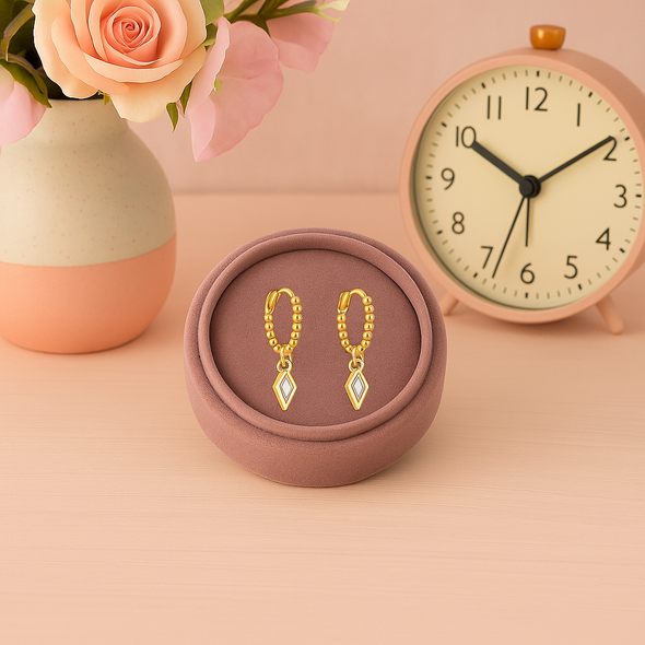 Beaded Geometric Dangle Hoop Earrings – Sterling Silver Gold Plated