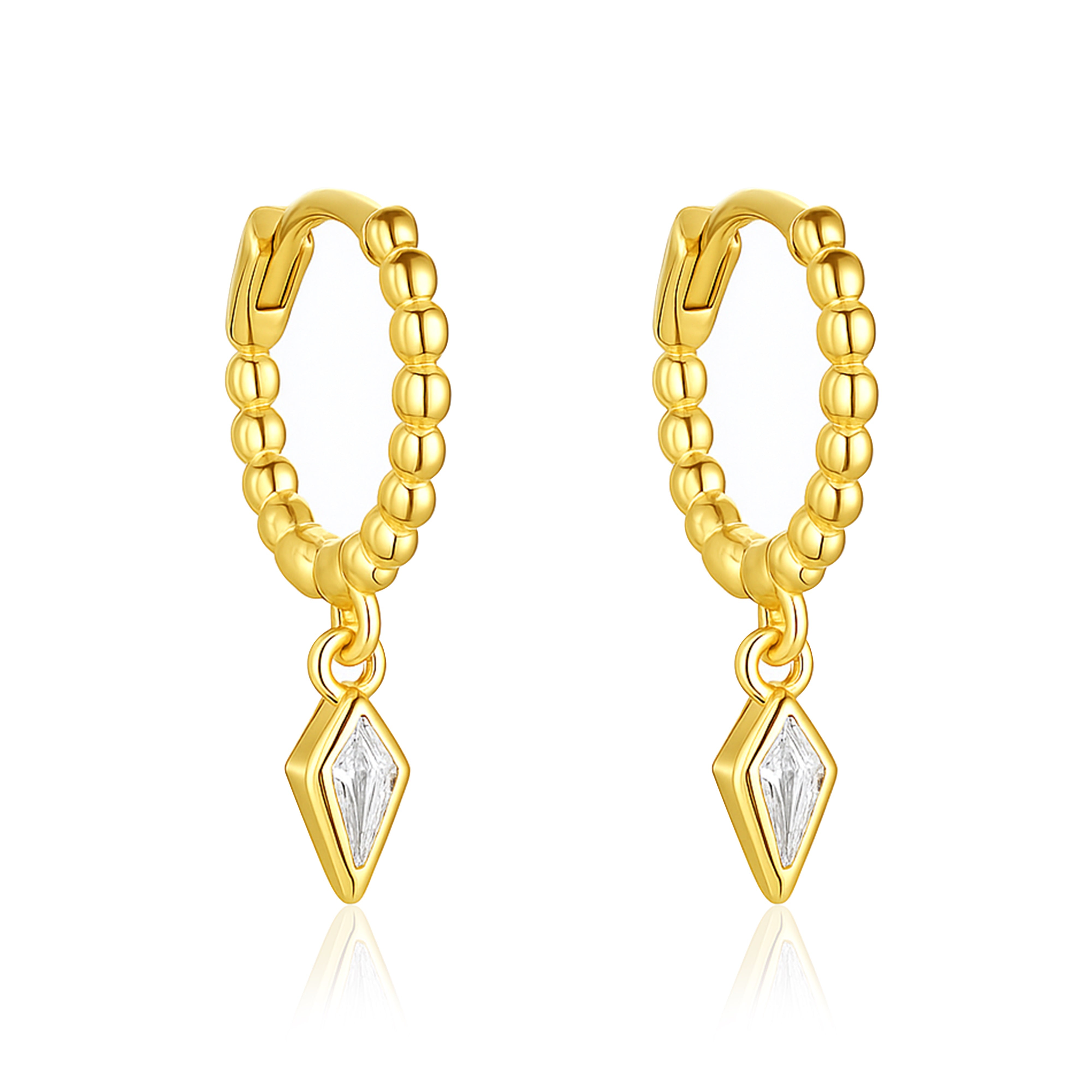 Beaded Geometric Dangle Hoop Earrings – Sterling Silver Gold Plated
