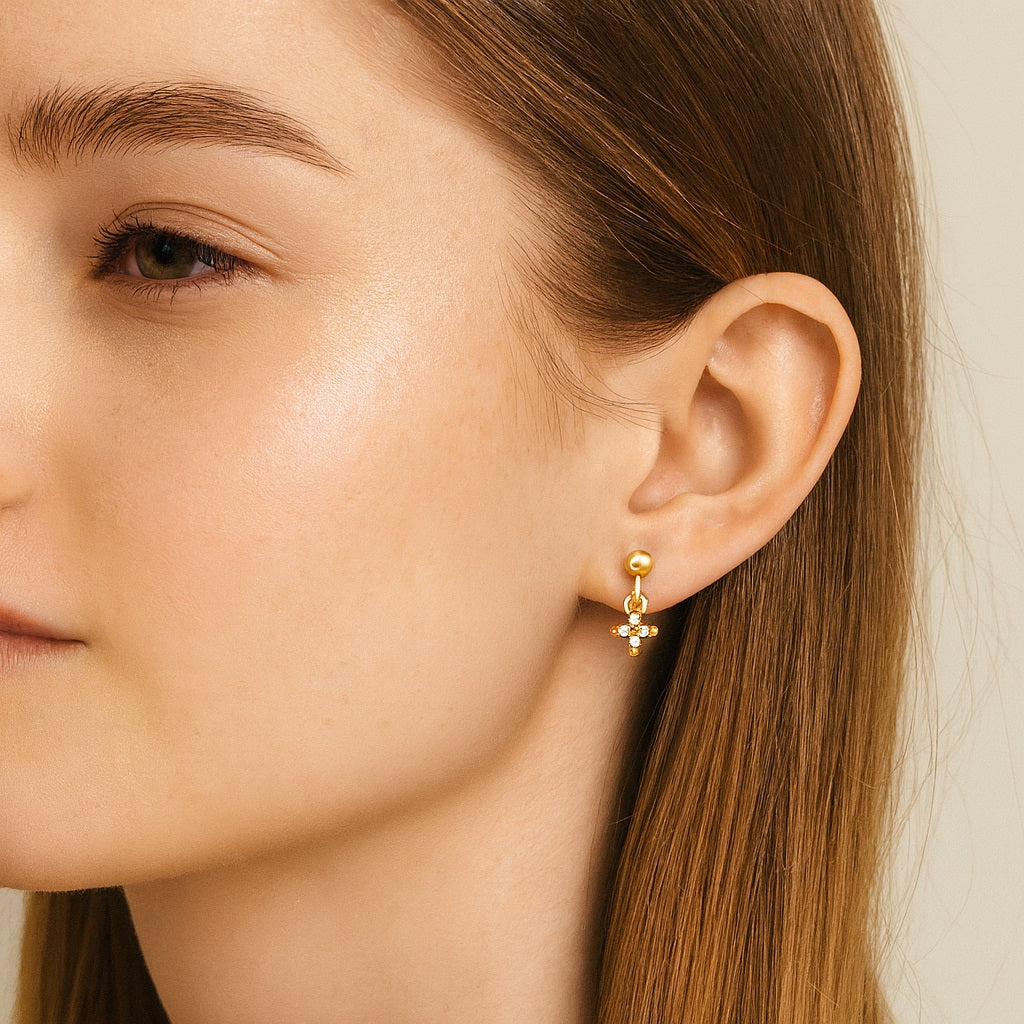 Petite Cross Drop Earrings – Sterling Silver Gold Plated