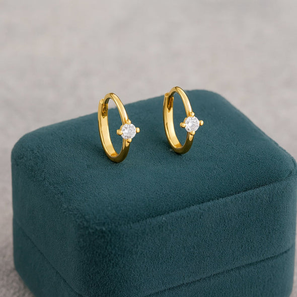 Solitaire Huggie Hoop Earrings – Sterling Silver Gold Plated