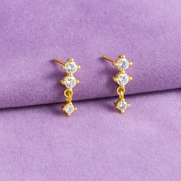 Triple Stone Minimal Drop Earrings – Sterling Silver Gold Plated