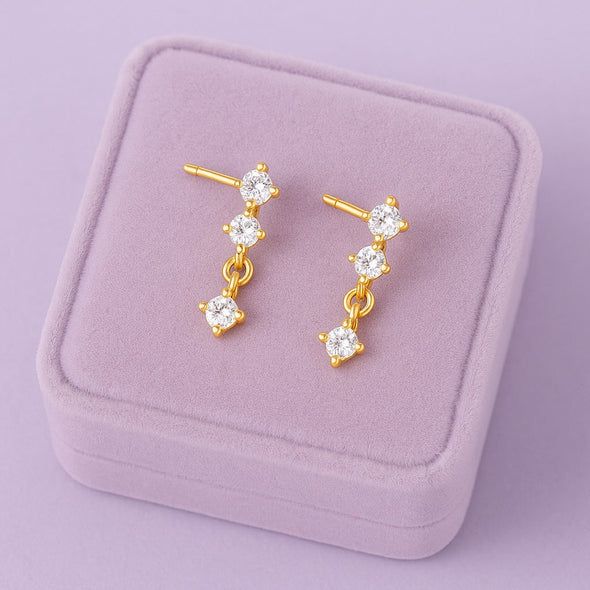 Triple Stone Minimal Drop Earrings – Sterling Silver Gold Plated