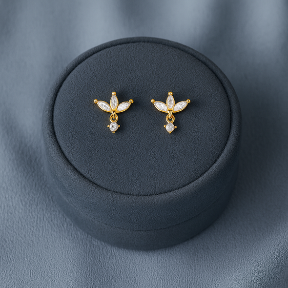 Marquise Cluster Floral Stud Earrings - Sterling Silver Yellow Plated