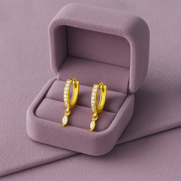 Pavé Marquise Dangle Huggie Hoop Earrings - Sterling Silver Yellow Plated