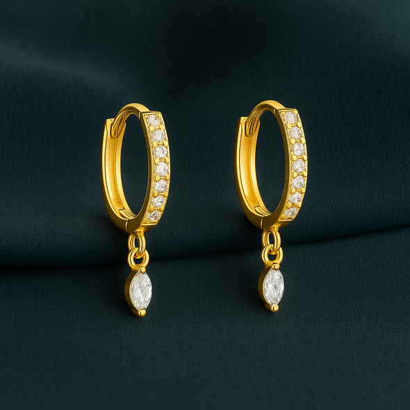 Pavé Marquise Dangle Huggie Hoop Earrings - Sterling Silver Yellow Plated