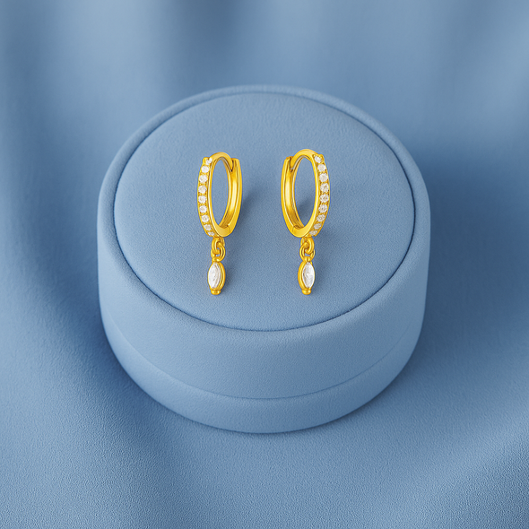 Pavé Marquise Dangle Huggie Hoop Earrings - Sterling Silver Yellow Plated