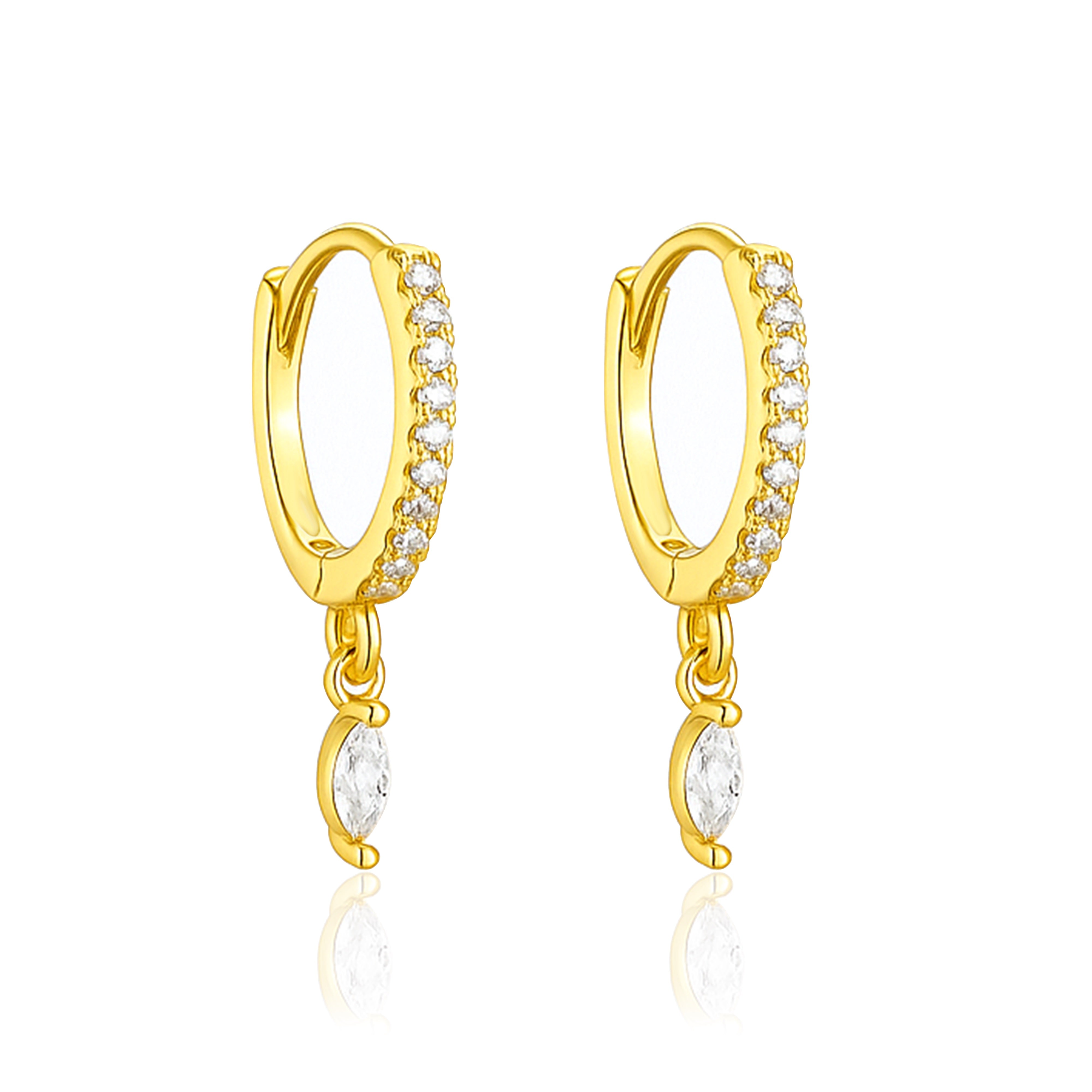 Pavé Marquise Dangle Huggie Hoop Earrings - Sterling Silver Yellow Plated