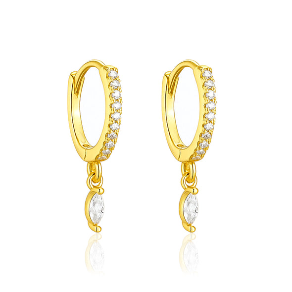 Pavé Marquise Dangle Huggie Hoop Earrings - Sterling Silver Yellow Plated