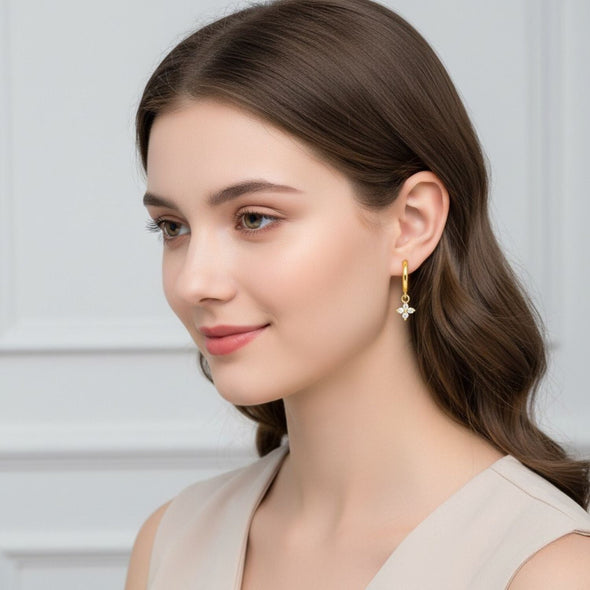 Floral Drop Dangle Huggie Hoop Earrings - Sterling Silver Yellow Plated