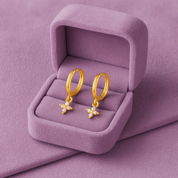 Floral Drop Dangle Huggie Hoop Earrings - Sterling Silver Yellow Plated