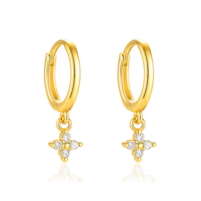 Floral Drop Dangle Huggie Hoop Earrings - Sterling Silver Yellow Plated