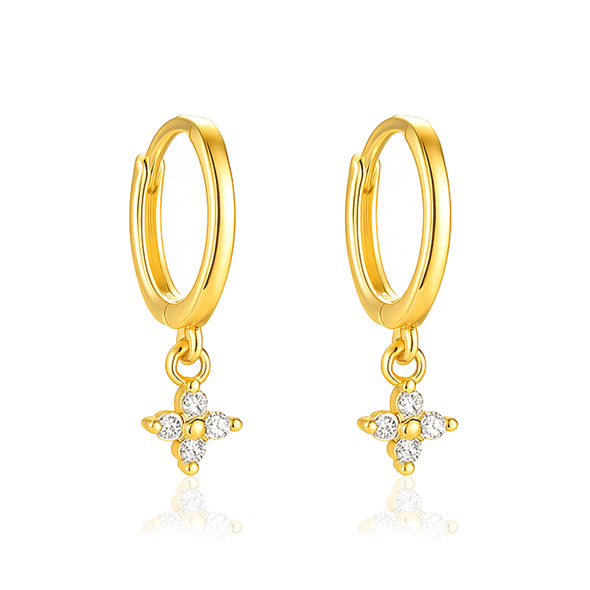 Floral Drop Dangle Huggie Hoop Earrings - Sterling Silver Yellow Plated