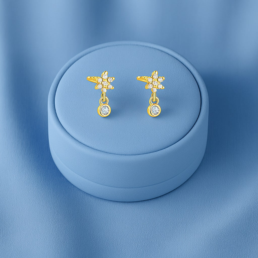 Floral Sparkling Bloom Drop Stud Earrings - Sterling Silver Yellow Plated