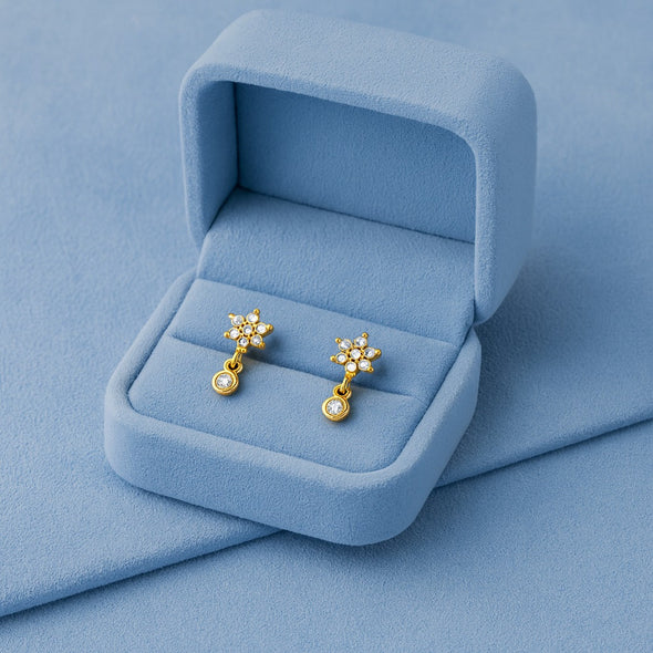 Floral Sparkling Bloom Drop Stud Earrings - Sterling Silver Yellow Plated