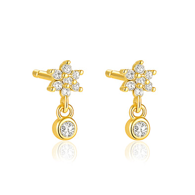 Floral Sparkling Bloom Drop Stud Earrings - Sterling Silver Yellow Plated