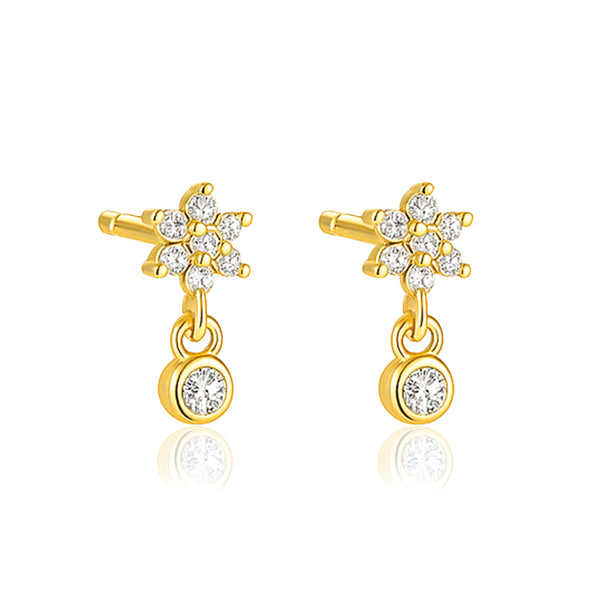 Floral Sparkling Bloom Drop Stud Earrings - Sterling Silver Yellow Plated