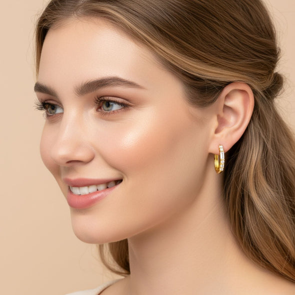 Baguette and Round Stone Huggie Hoop Earrings - Sterling Silver Yellow Plated