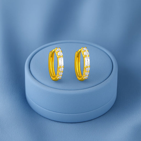 Baguette and Round Stone Huggie Hoop Earrings - Sterling Silver Yellow Plated