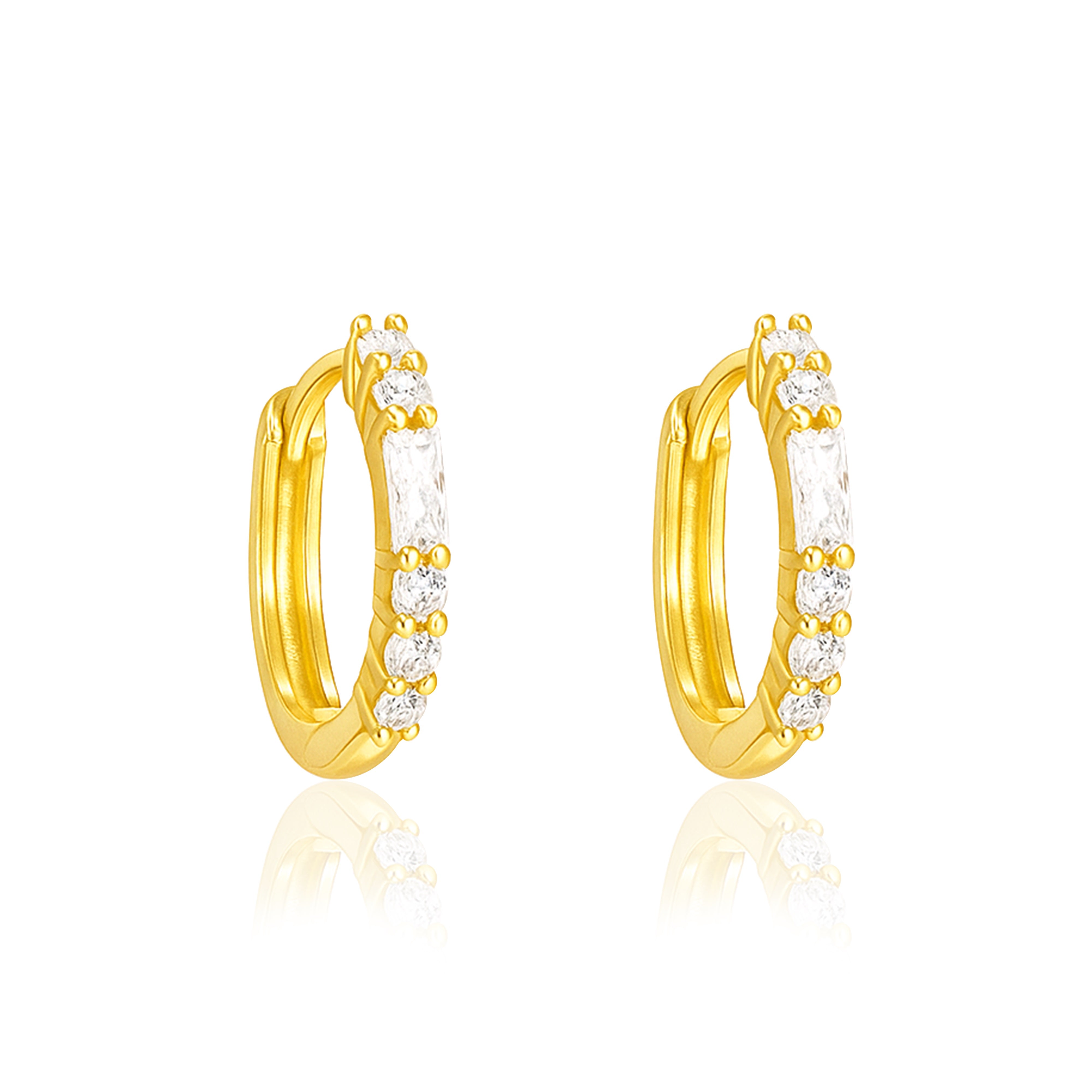 Baguette and Round Stone Huggie Hoop Earrings - Sterling Silver Yellow Plated