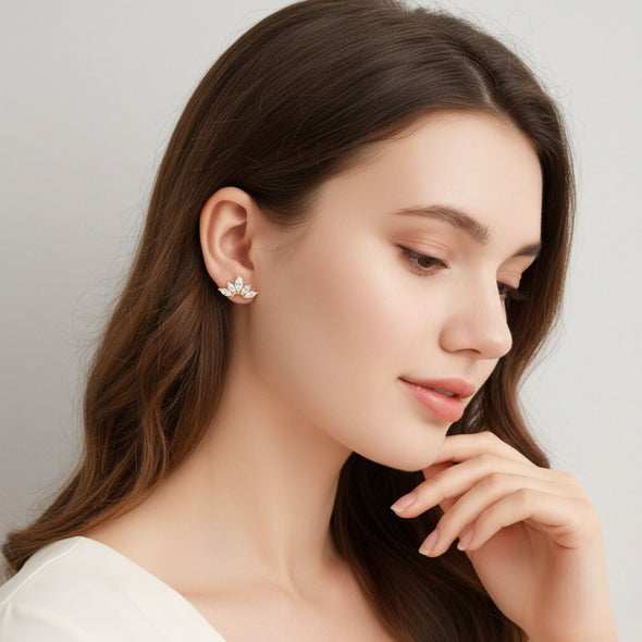 Marquise Fan Cluster Stud Earrings - Sterling Silver Yellow Plated