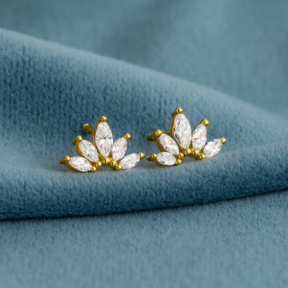 Marquise Fan Cluster Stud Earrings - Sterling Silver Yellow Plated