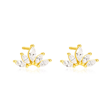Marquise Fan Cluster Stud Earrings - Sterling Silver Yellow Plated
