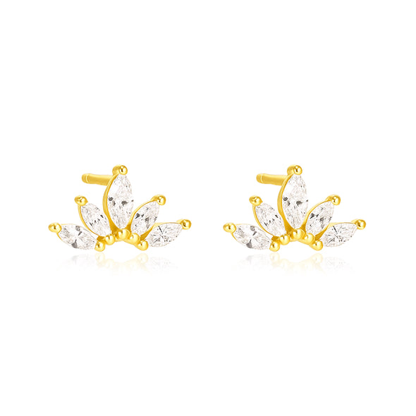 Marquise Fan Cluster Stud Earrings - Sterling Silver Yellow Plated
