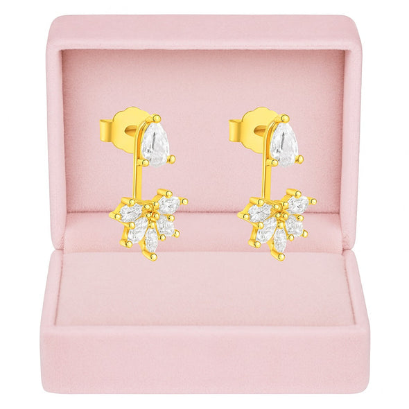 Pear and Marquise Floral Drop Earrings - Sterling Silver Yellow Plated