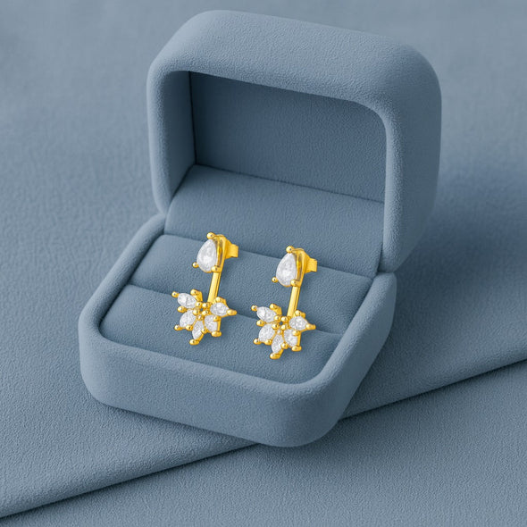 Pear and Marquise Floral Drop Earrings - Sterling Silver Yellow Plated