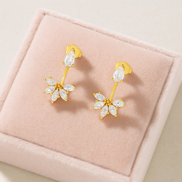 Pear and Marquise Floral Drop Earrings - Sterling Silver Yellow Plated