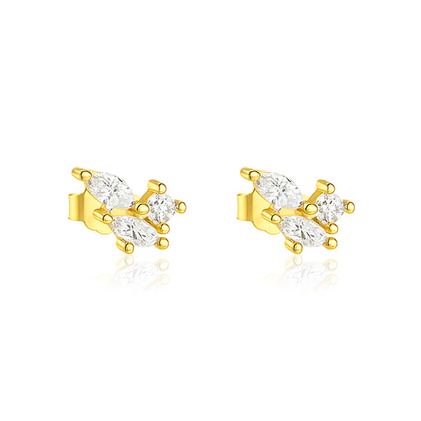 Marquise Trio Cluster Stud Earrings - Sterling Silver Yellow Plated