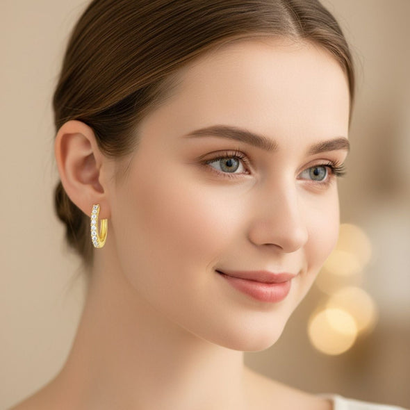 Elegant Pavé Row Huggie Hoop Earrings - Sterling Silver Yellow Plated