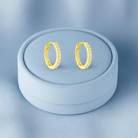 Elegant Pavé Row Huggie Hoop Earrings - Sterling Silver Yellow Plated