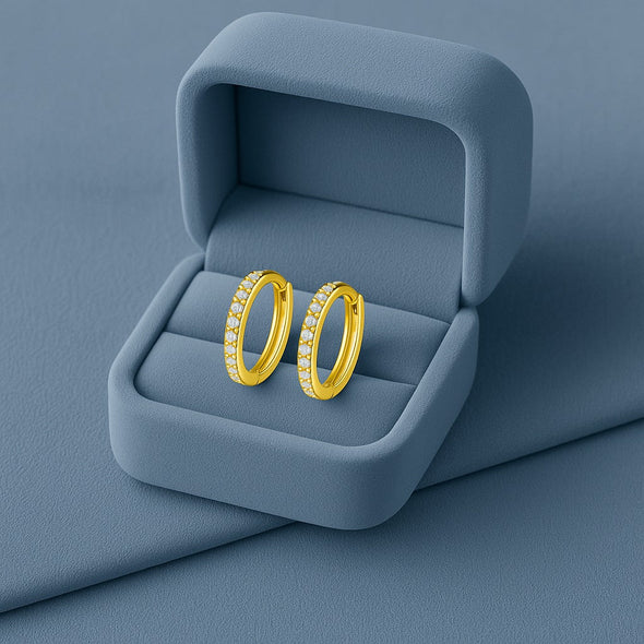 Elegant Pavé Row Huggie Hoop Earrings - Sterling Silver Yellow Plated