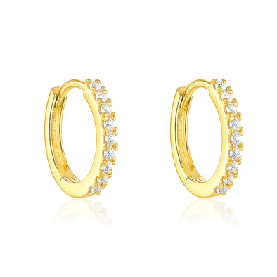 Elegant Pavé Row Huggie Hoop Earrings - Sterling Silver Yellow Plated