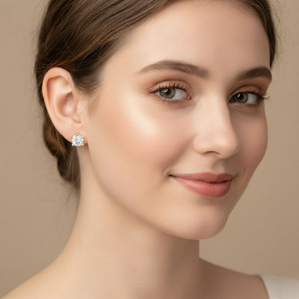 Classic Round Solitaire Stud Earrings - Sterling Silver Yellow Plated