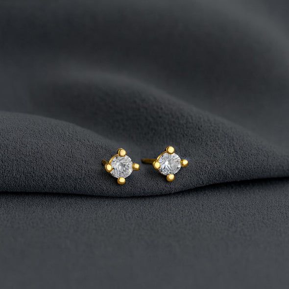 Classic Round Solitaire Stud Earrings - Sterling Silver Yellow Plated